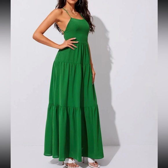 Green lace up back ruffle hem cami maxi dress - Picture 6 of 6